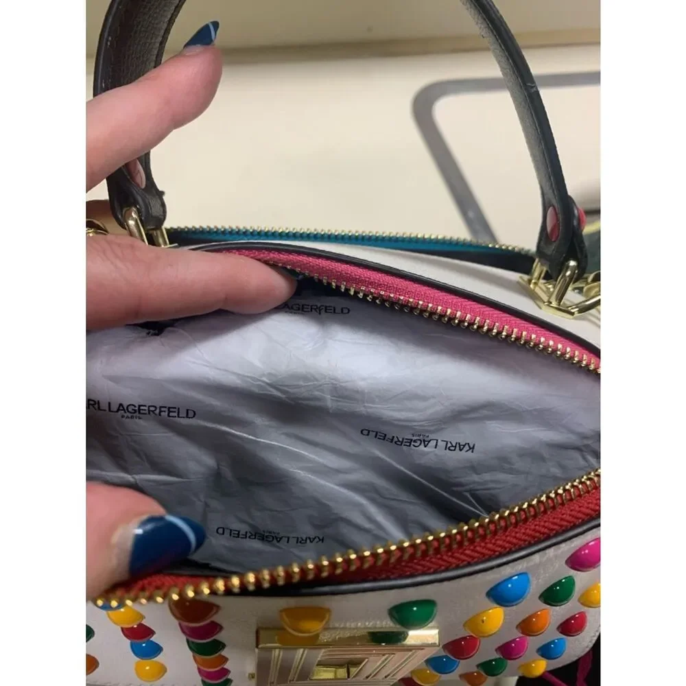 NWT Karl Lagerfeld Simone Crossbody Top Handle – White Multi Stud Logo - Picture 6 of 7